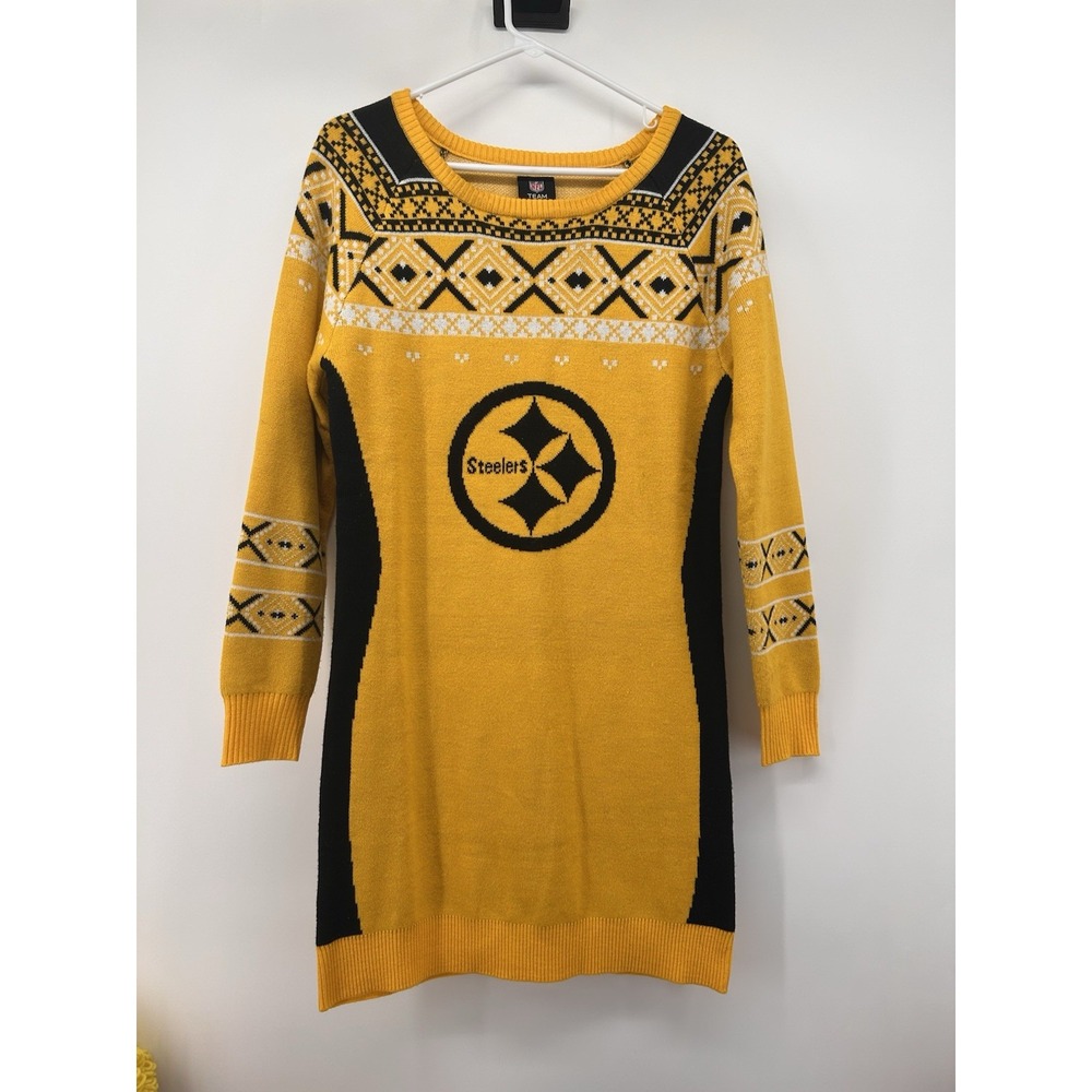 Pittsburgh Steelers Sweater Dress Womens Medium Gold Black Fair Isle NFL Holiday